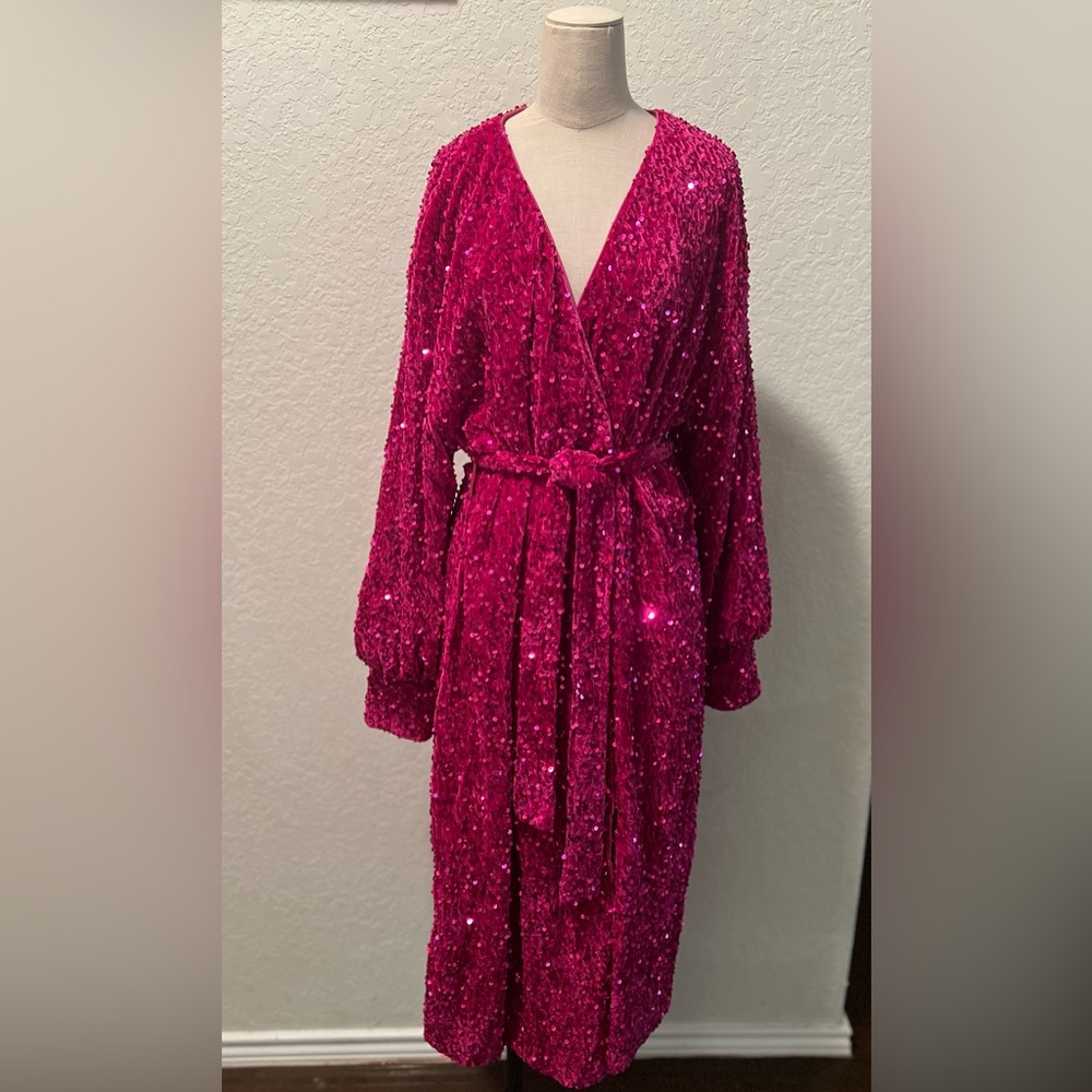 Elegant Pink Sequin Wrap Dress